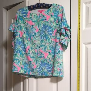 Lilly Pulitzer Floral Ruffle Sleeve Blouse - Pink and Blue